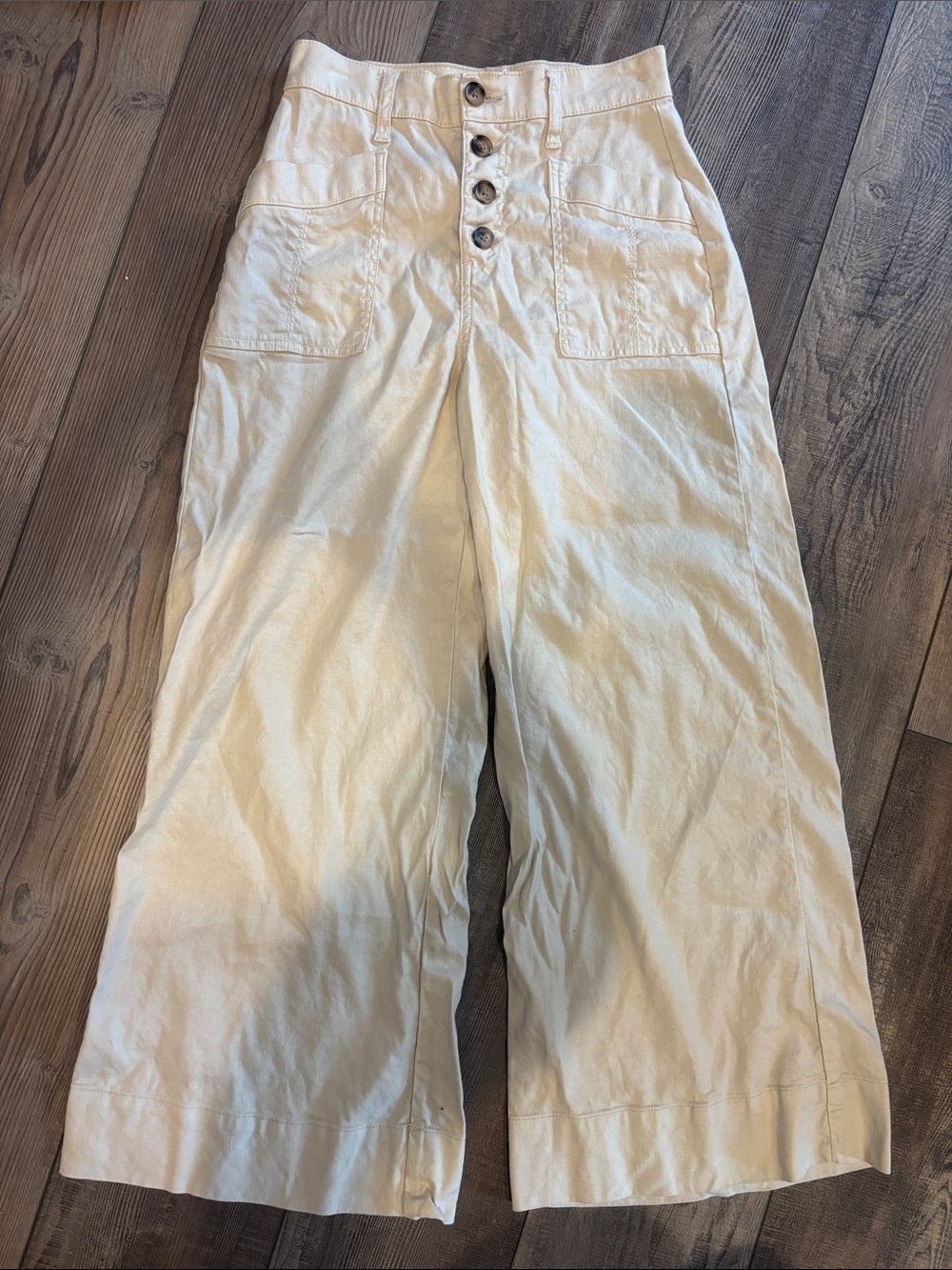 Evereve Barley Beige Joelle Stretch Linen Crop Wide Leg Pants 24 - Picture 3 of 4